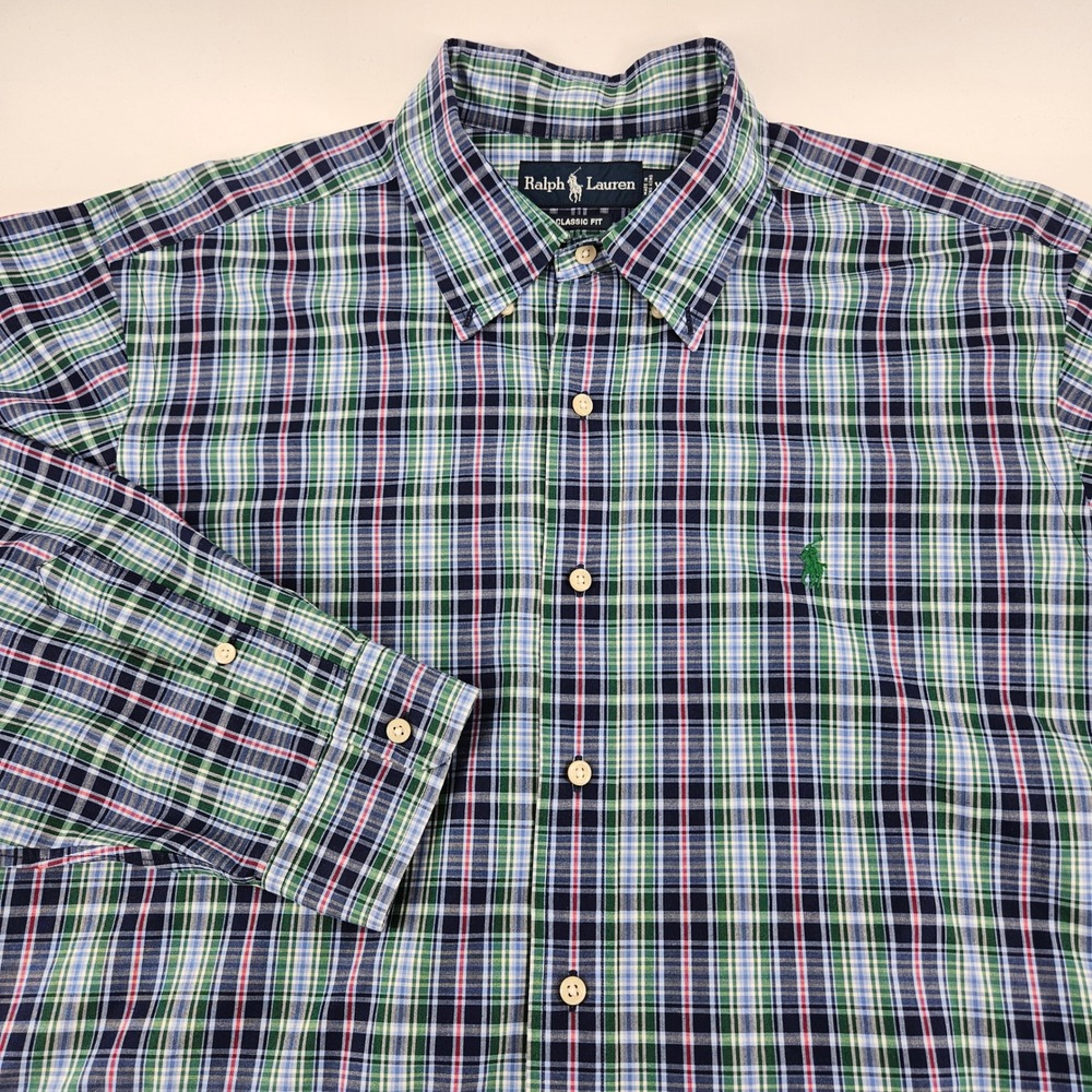 Ralph Lauren Classic Fit Plaid Button Down Shirt Mens XL Blue Green 100% Cotton